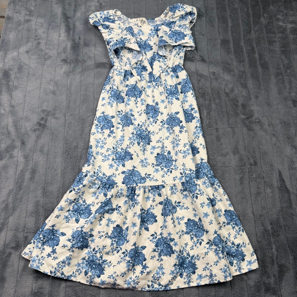 Lily Bleu Blue White Floral Ruffle Tiered Maxi Dress Size 8 Toile Print